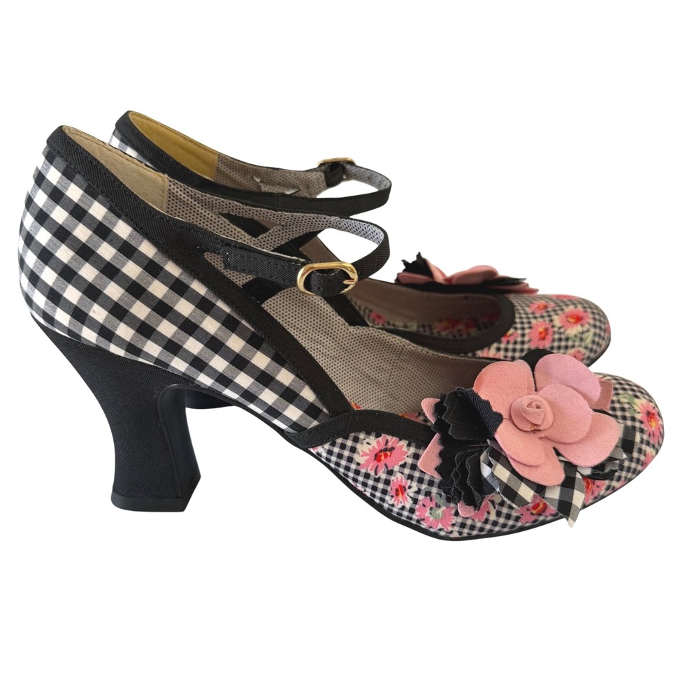Ruby Shoo Gingham Floral Mary Jane Pumps Pink Flower Heels Rockabilly 9.5-10  41